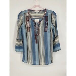 New Directions Sz S Blue Striped Embroidered Top Bohemian Blouse Retail $48 NWT